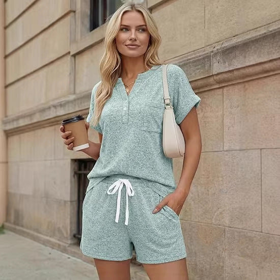 Two Piece Shorts Set with Henley Top & Drawstring Shorts