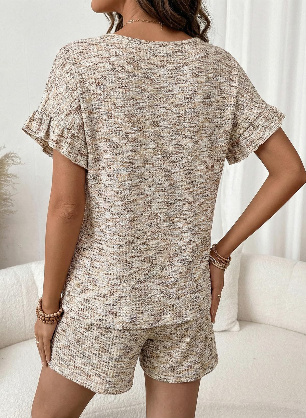 Textured Knit Lounge Set Ruffle Sleeve Drawstring Shorts