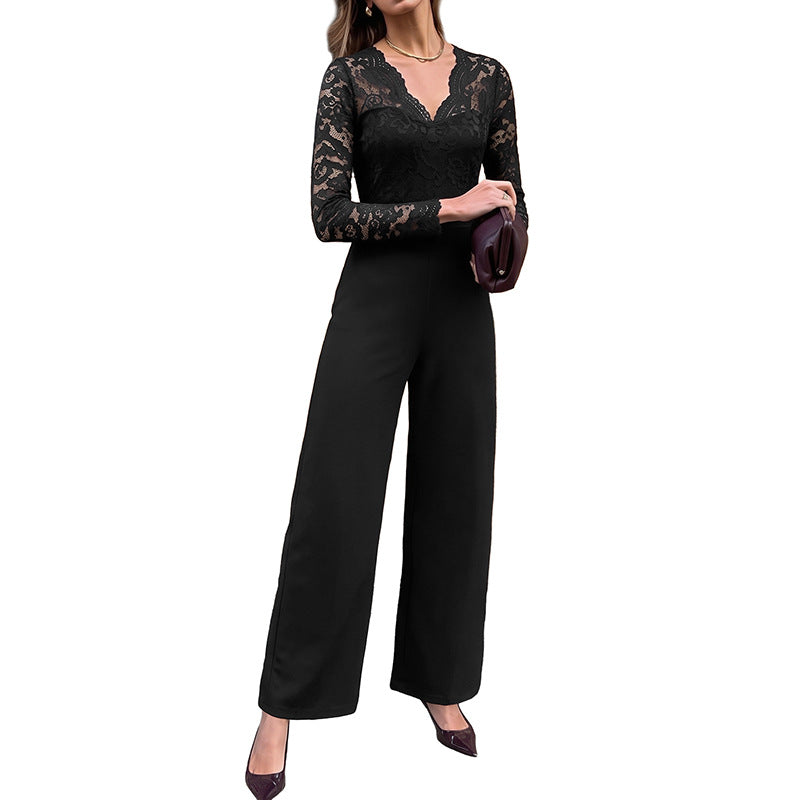 Black Lace V-Neck Wide Leg Jumpsuit Long Sleeve