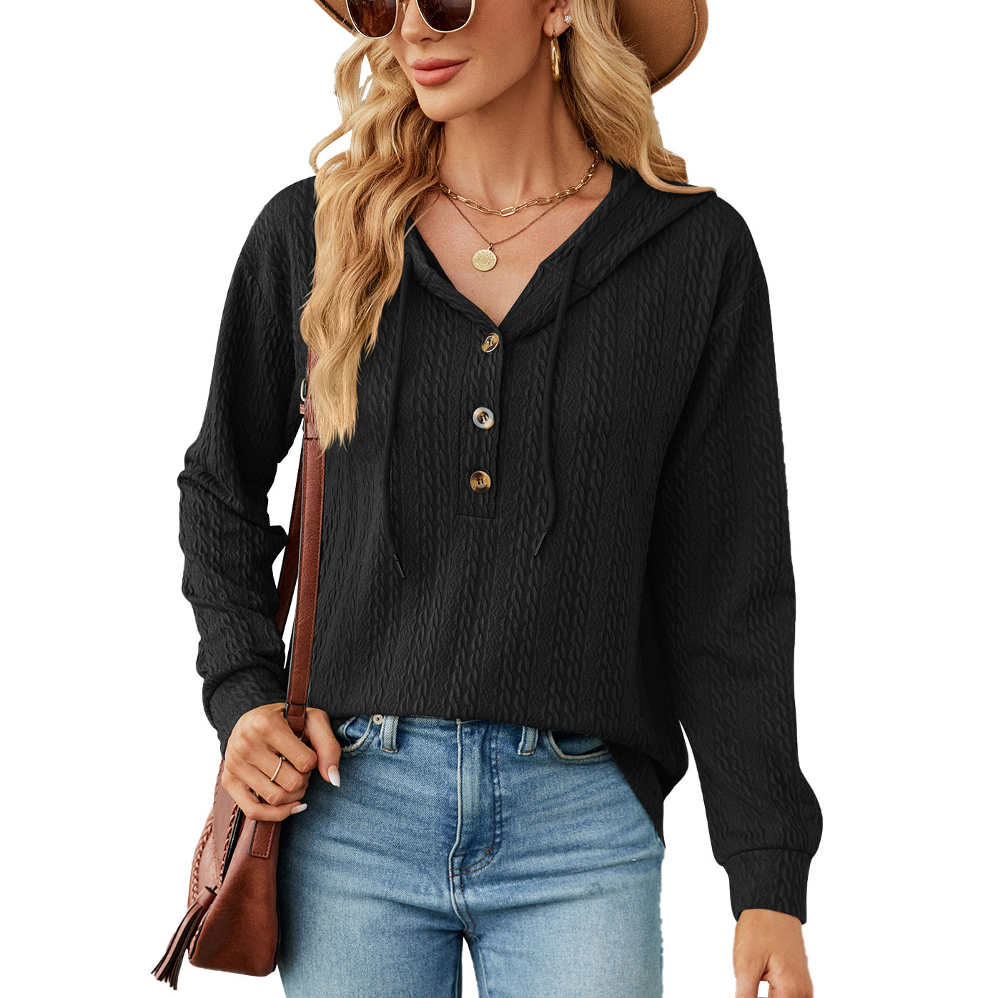 Women's Oversized Hooded Button V-Neck Long Sleeve Sweater