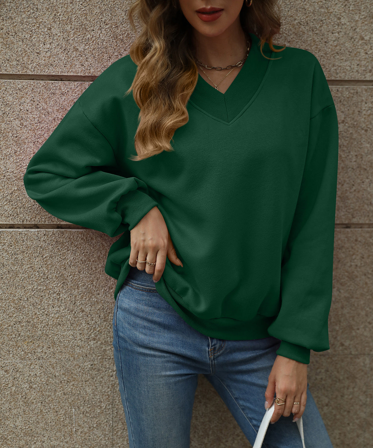 Solid Sweatshirt Casual Oversized V-Neck Pullover