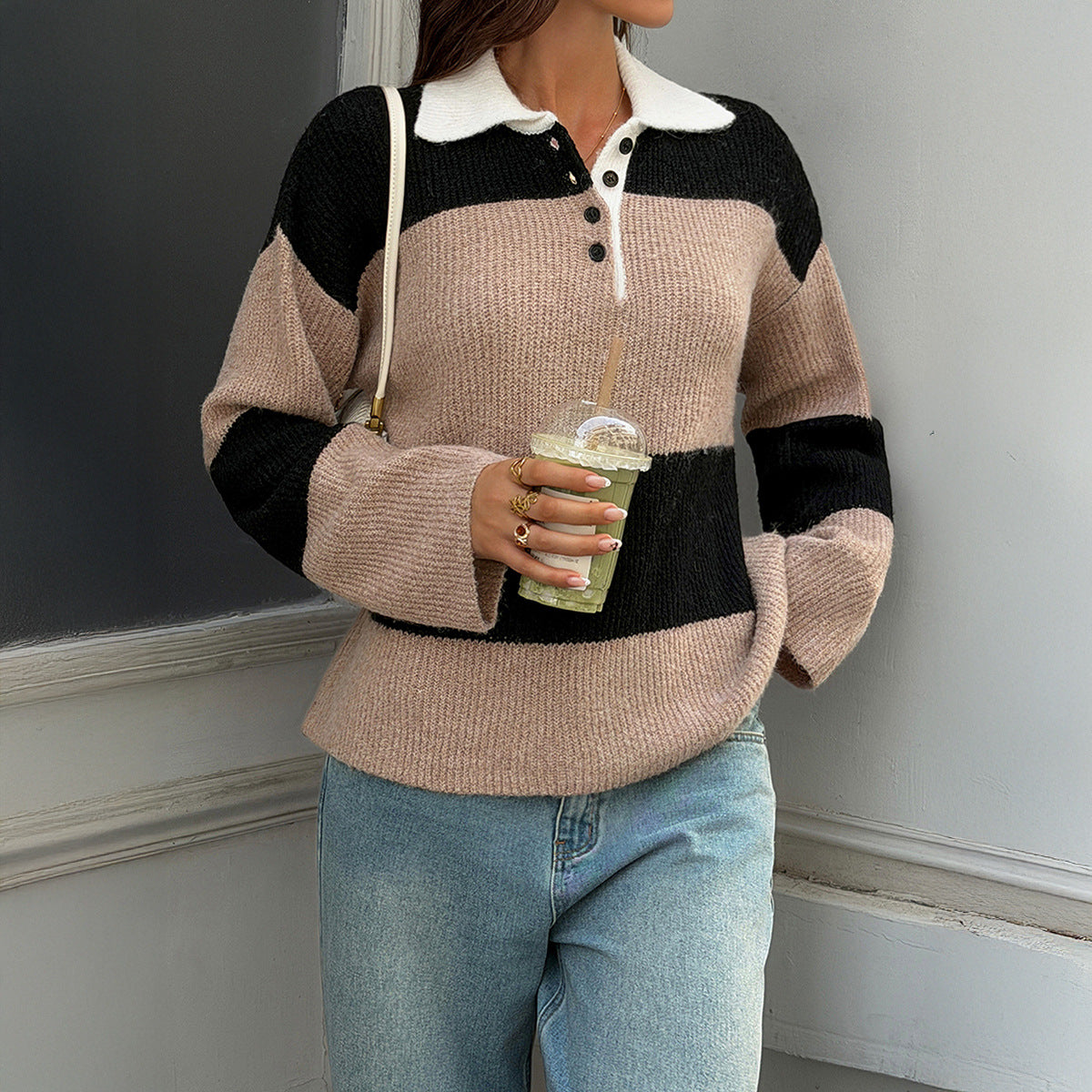 Women's Striped Polo Collar Knit Sweater Pullover