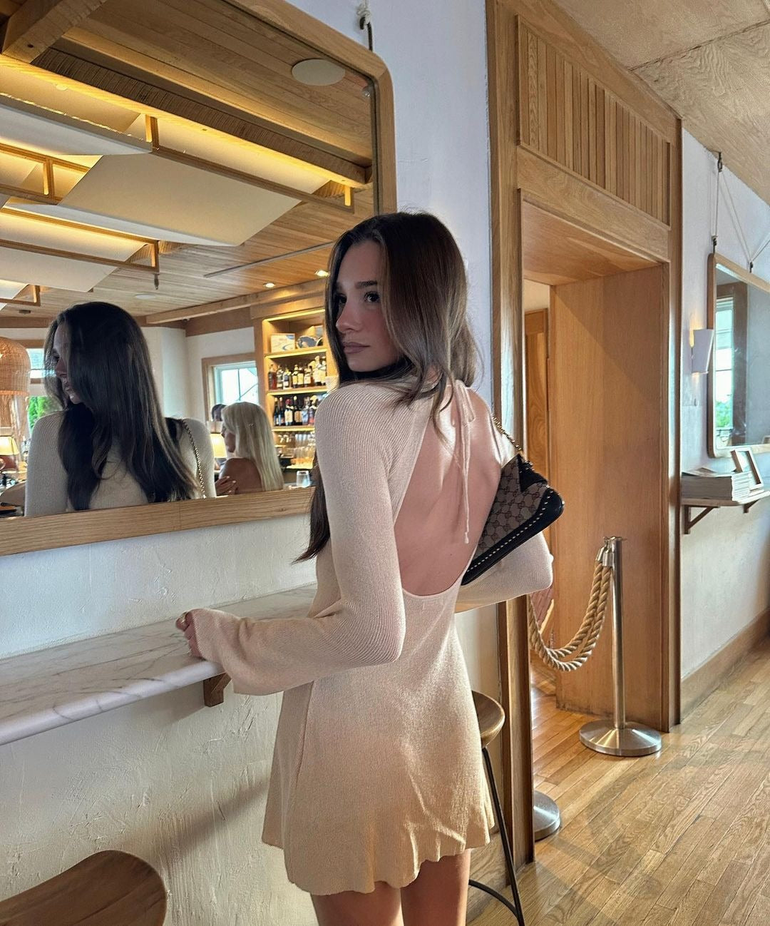 Solid Knit Dress Y2K Open Back Flare Sleeve