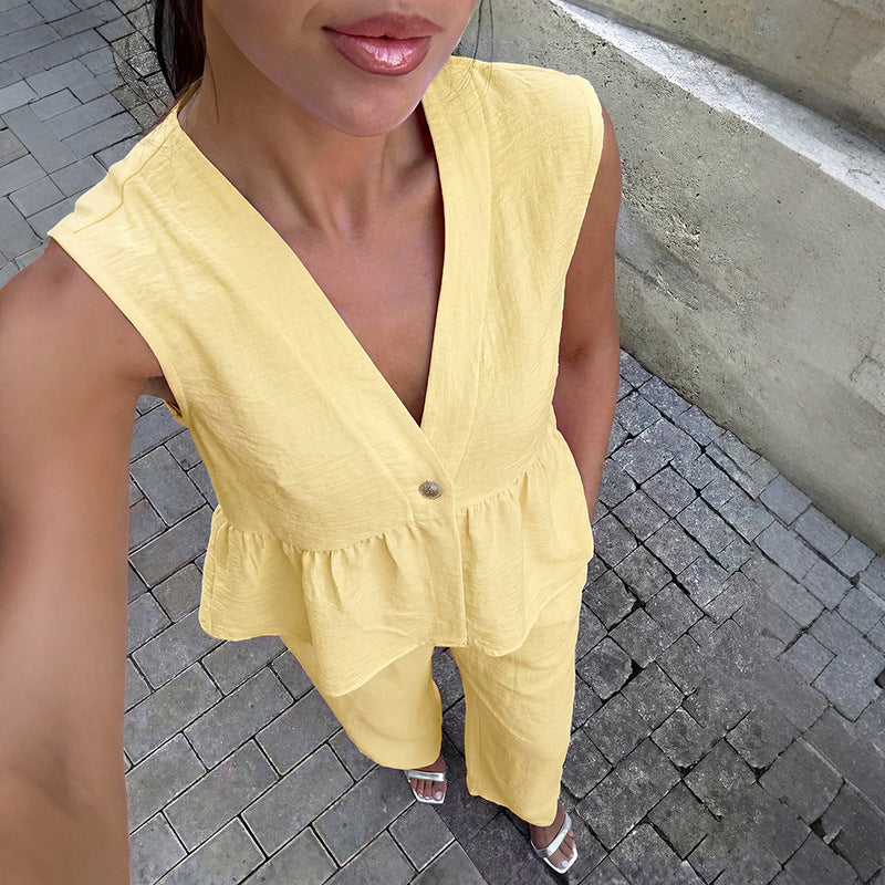 Women's Linen Look Peplum Vest Wide Leg Pants Two Piece Set