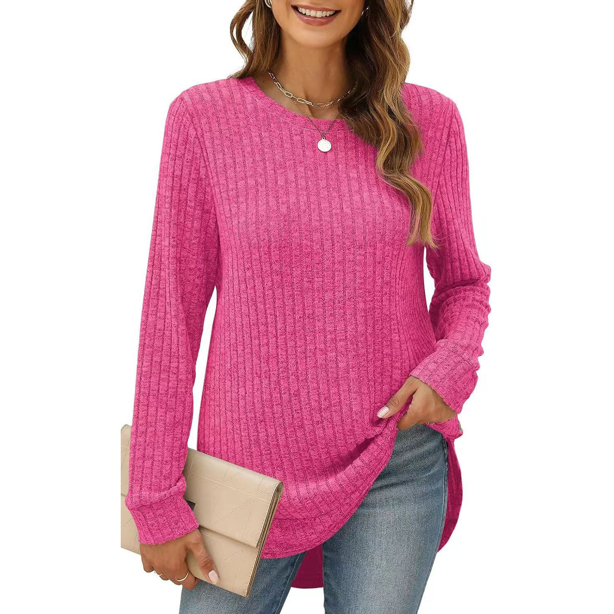 Women's Oversized Ribbed Long Sleeve Crew Neck Tunic Top