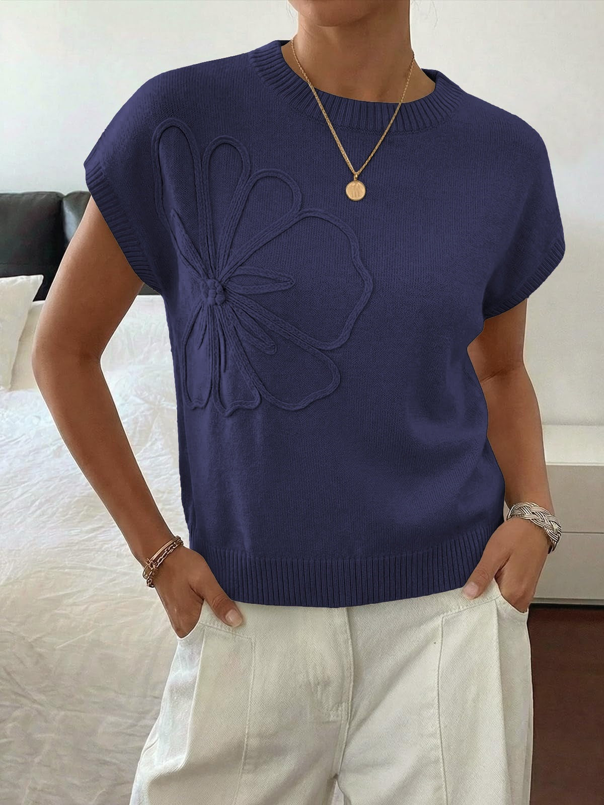Womens 3D Floral Knit Top Short Sleeve Pullover