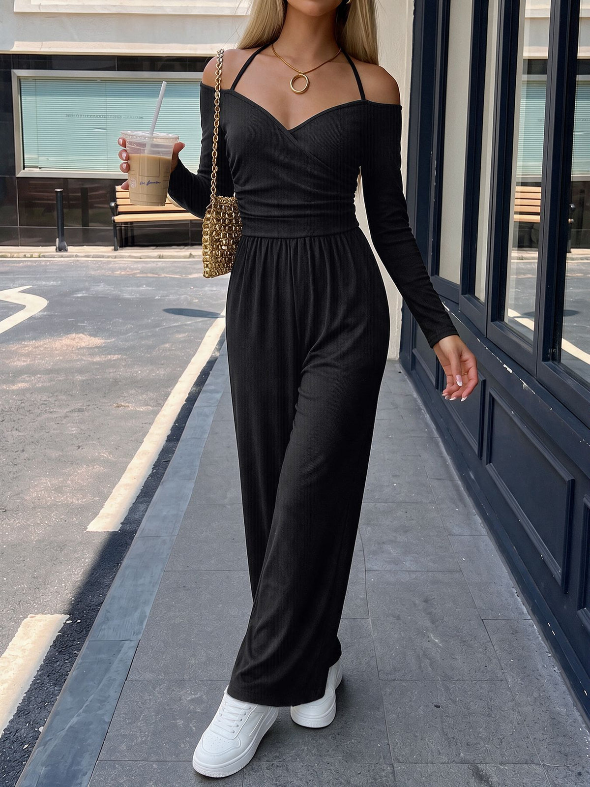 Black Halter Off Shoulder Wide Leg Jumpsuit