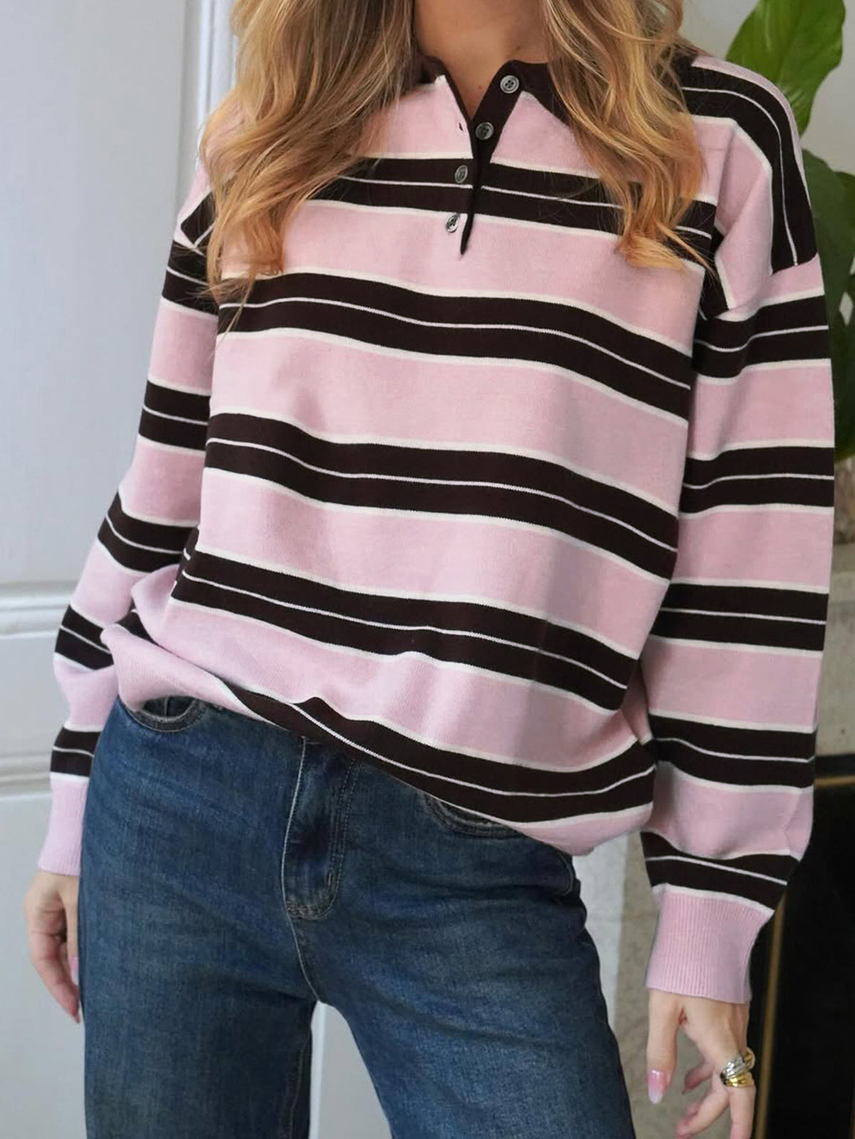 Women's Pink Striped Polo Sweater Long Sleeve Knit Top