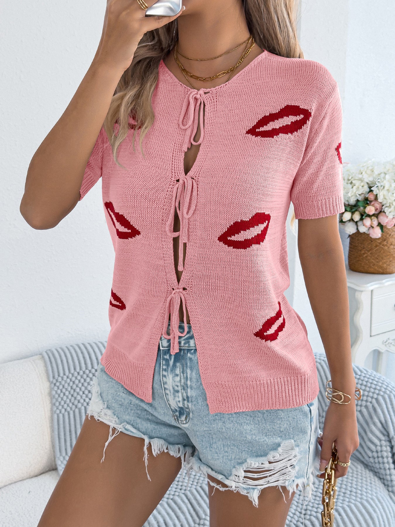 Y2K Lip Print Tie Front Knit Top Short Sleeve Cropped Cardigan Cute Going Out Sweater