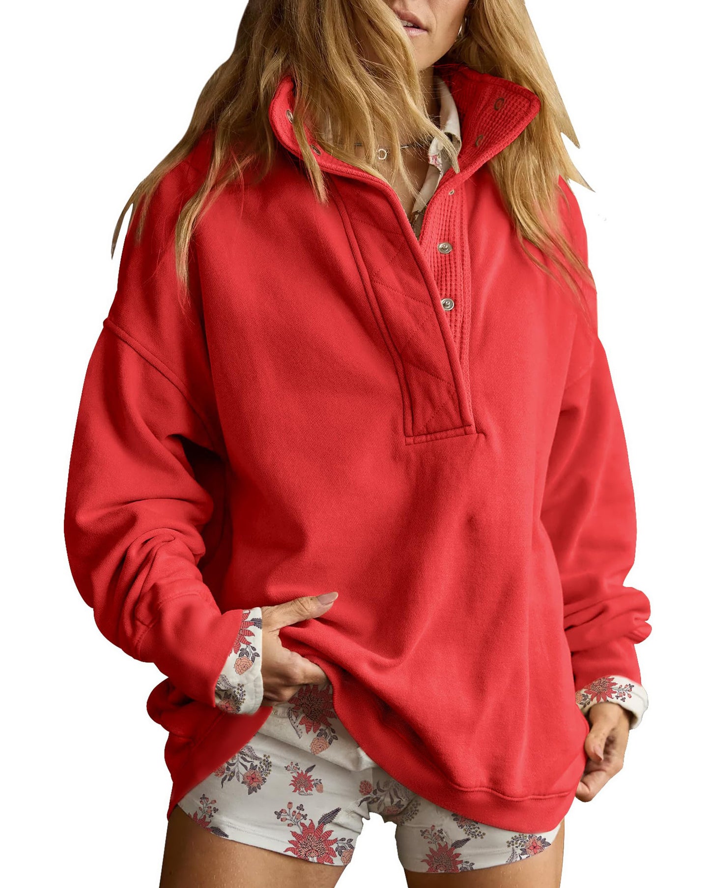 Solid Fleece Sweatshirt Casual Oversized Snap Collar