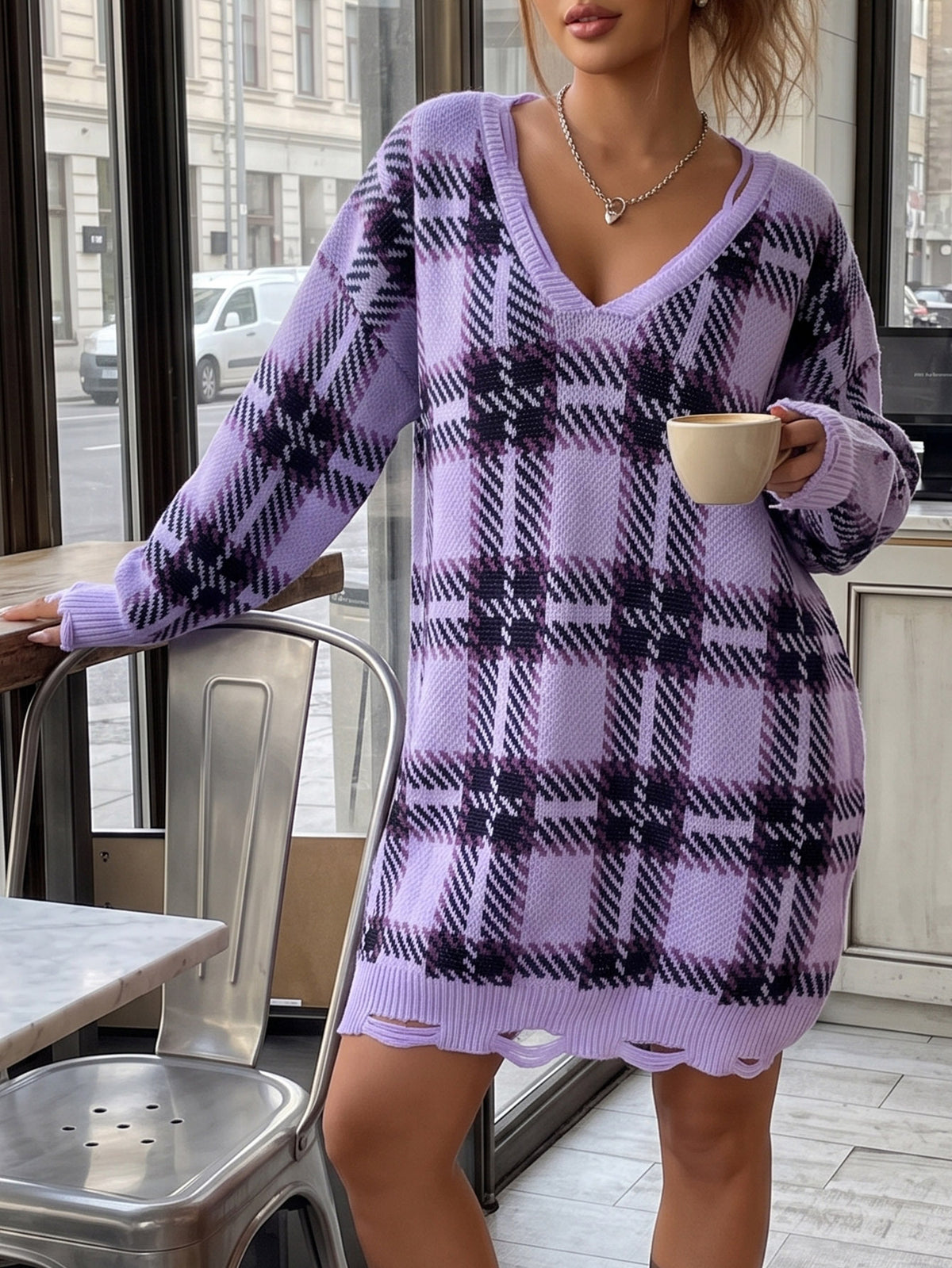 Oversized Plaid V Neck Long Sleeve Knit Sweater Dress
