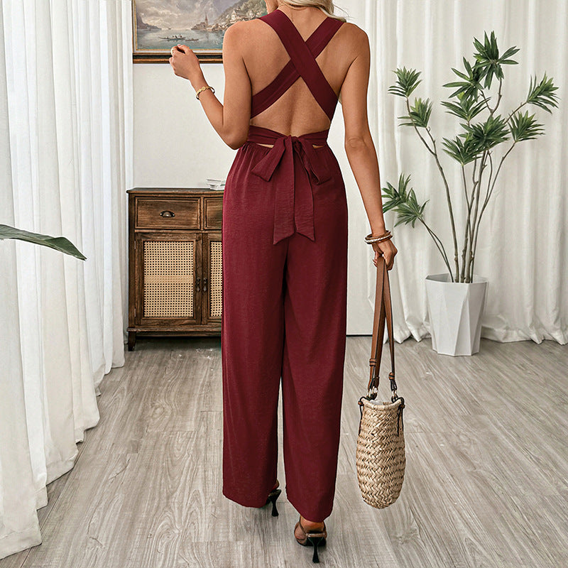Backless Wide Leg Jumpsuit High Waist Summer Vacation Outfit