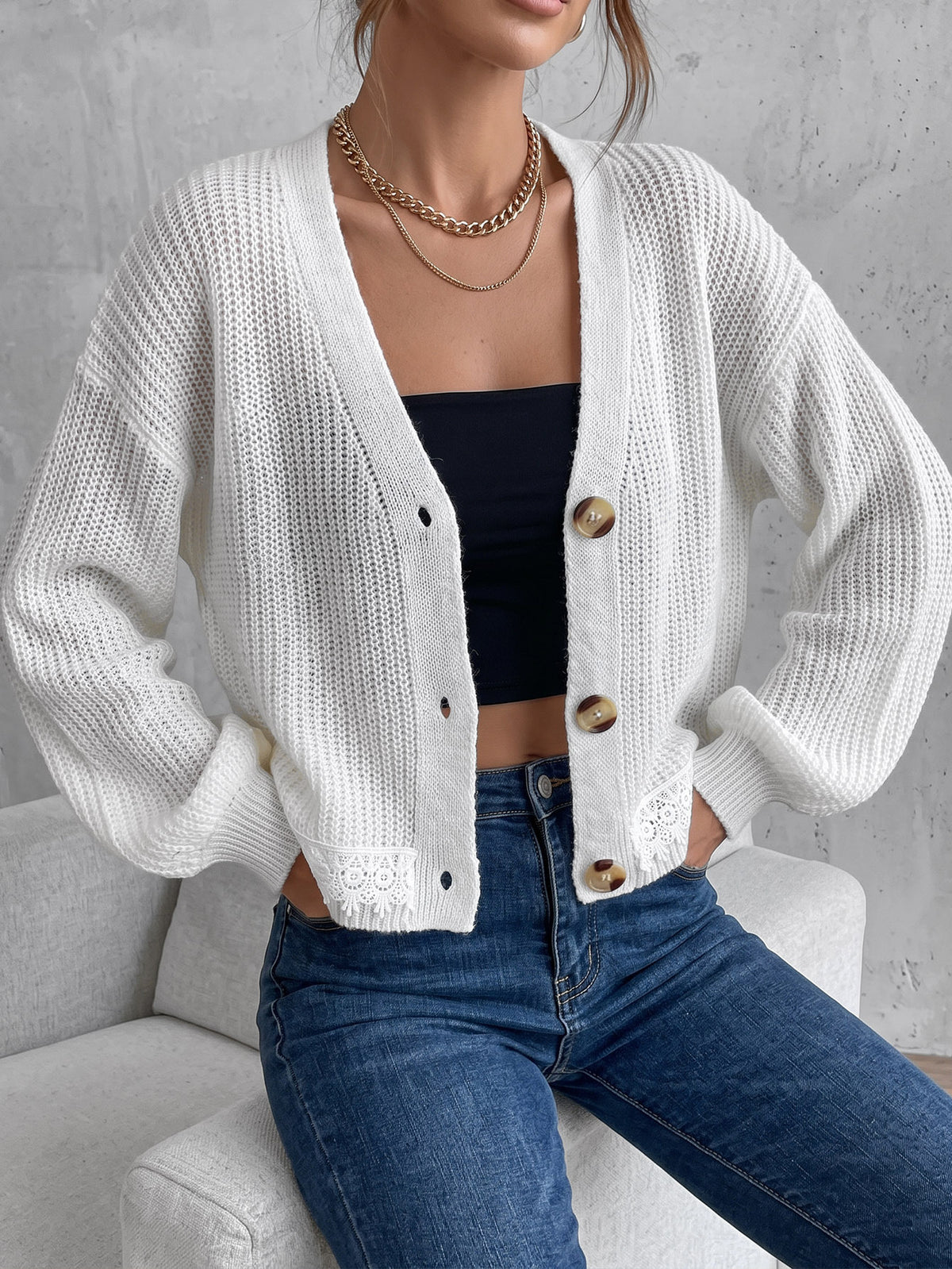 Womens Chunky Knit Lace Trim Cropped Cardigan
