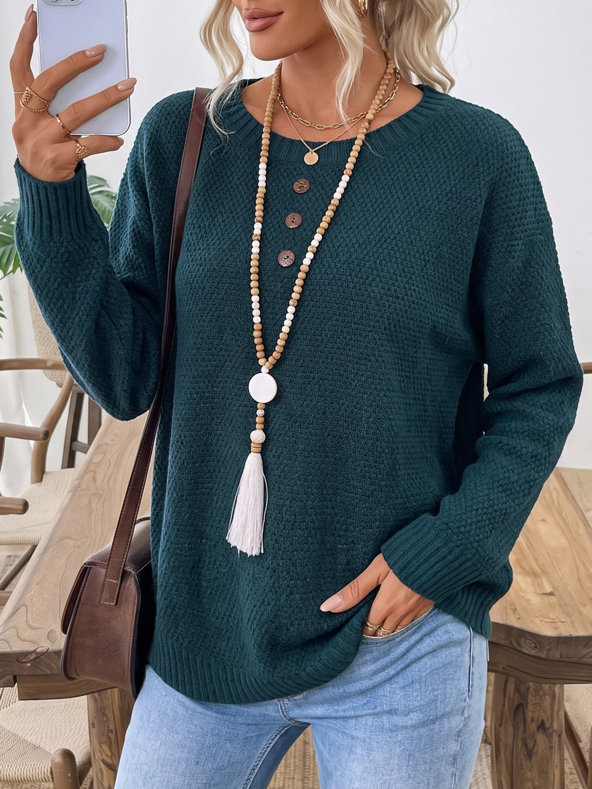 Women's Oversized Coconut Button Crew Neck Sweater