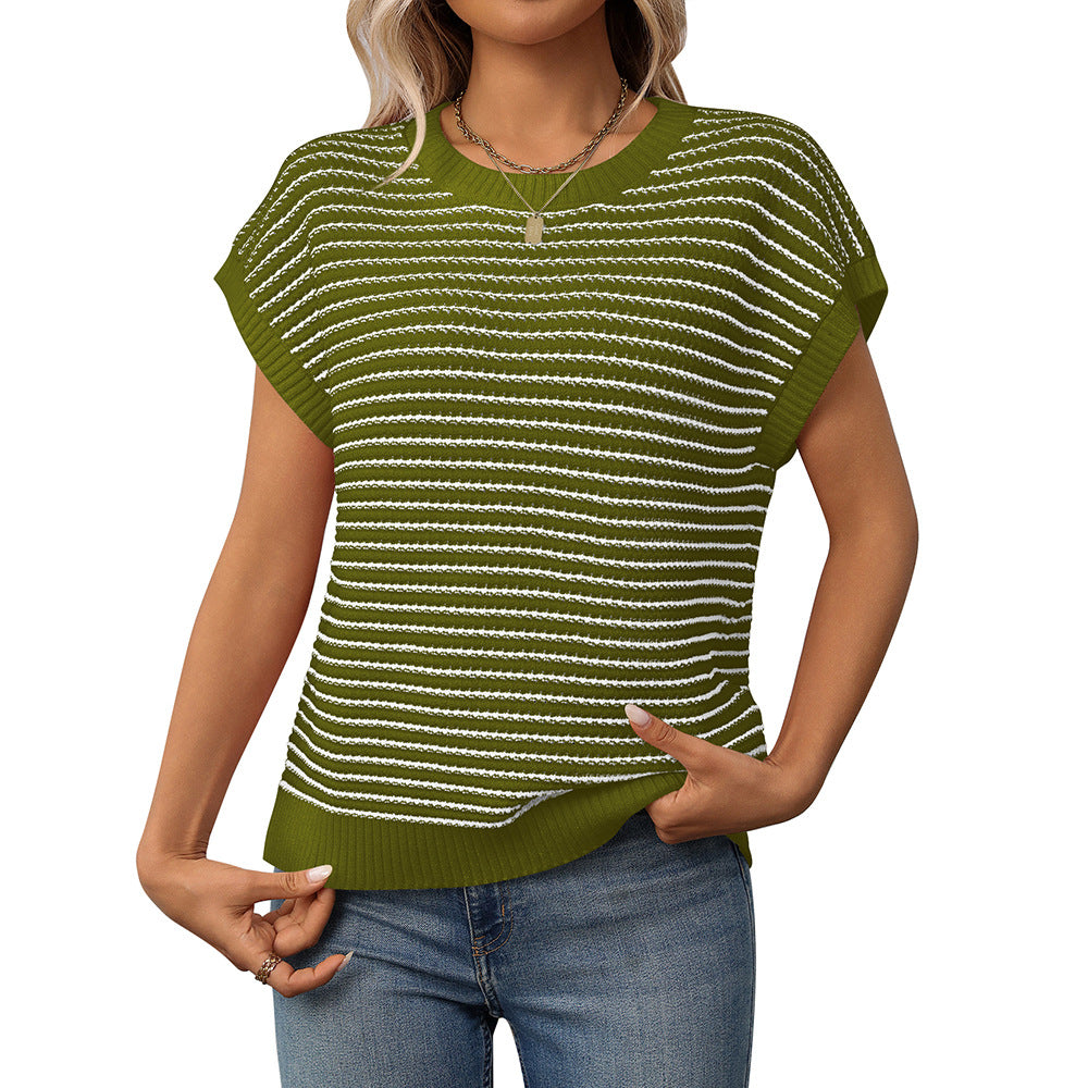 Red Stripe Lightweight Knit Short Sleeve Sweater Top