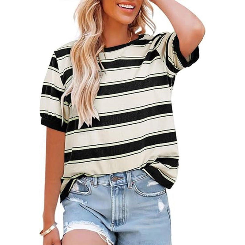 Striped Color Block Short Sleeve Casual Summer Tee