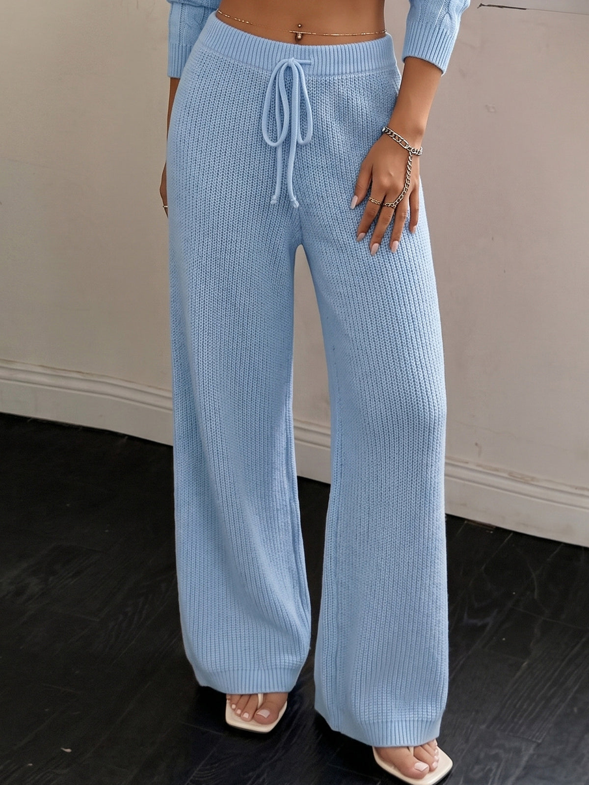 Women's Knit Wide Leg Pants Drawstring High Waist Casual