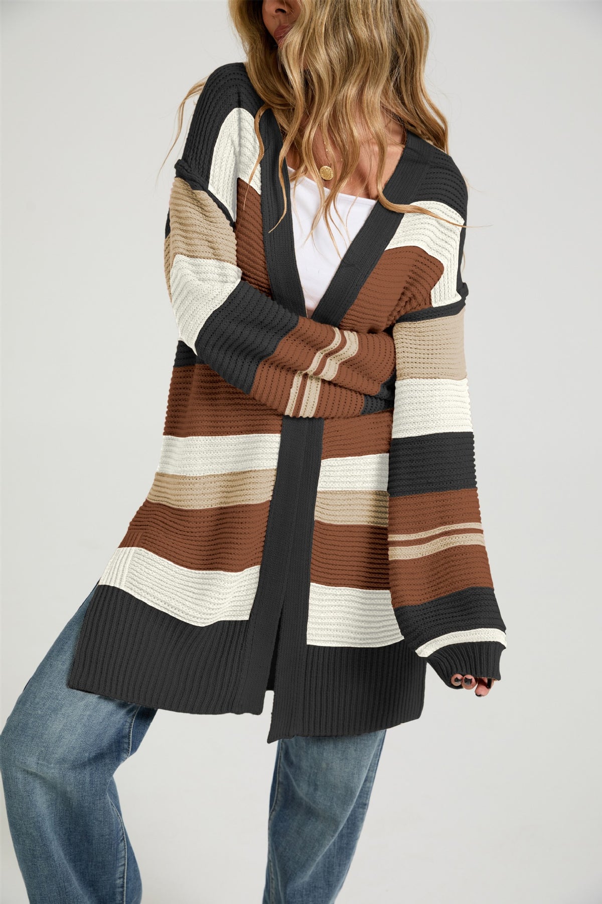 Striped Color Block Long Cardigan Open Front Knit Sweater