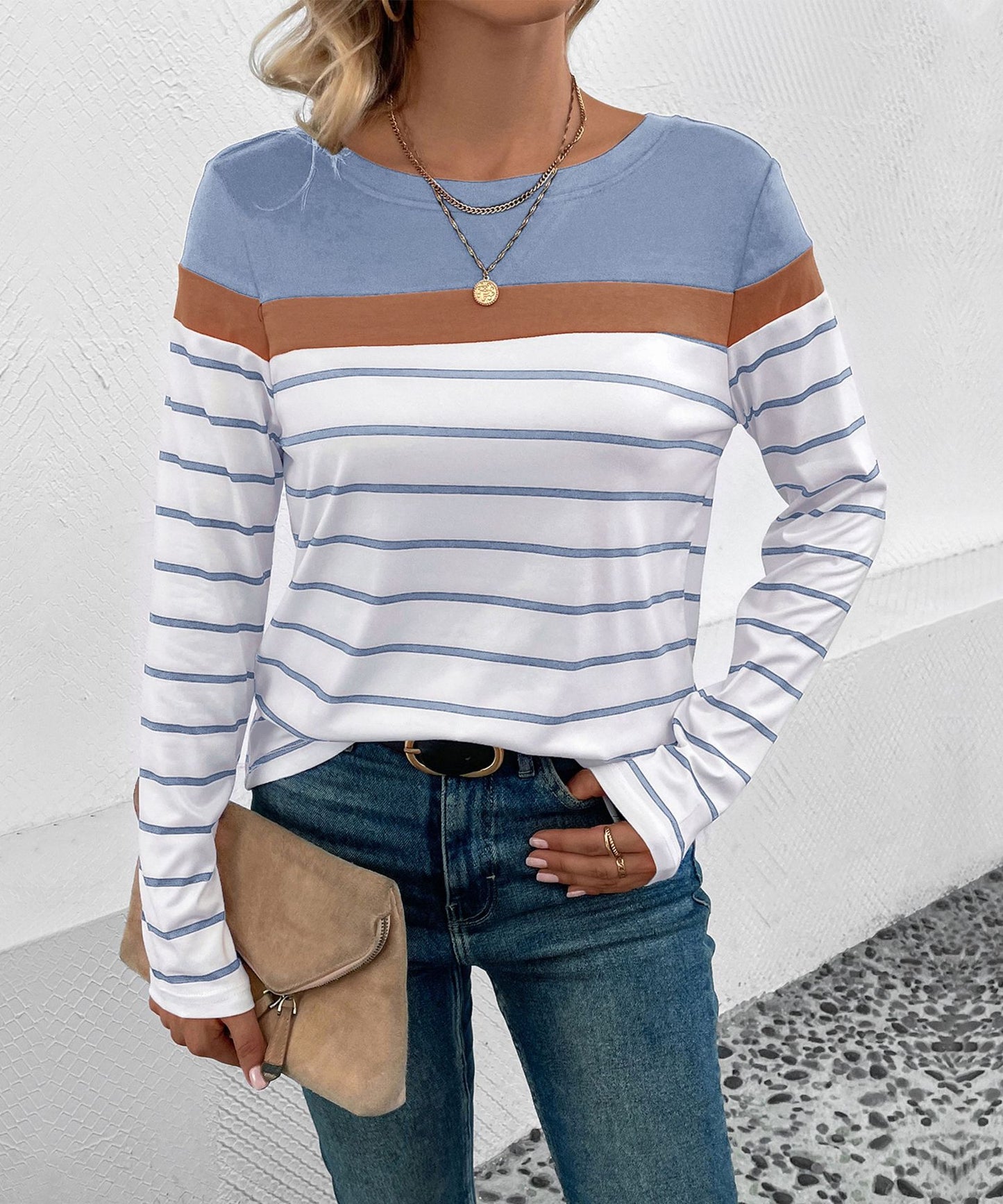 Colorblock Striped Long Sleeve Casual Boutique Top