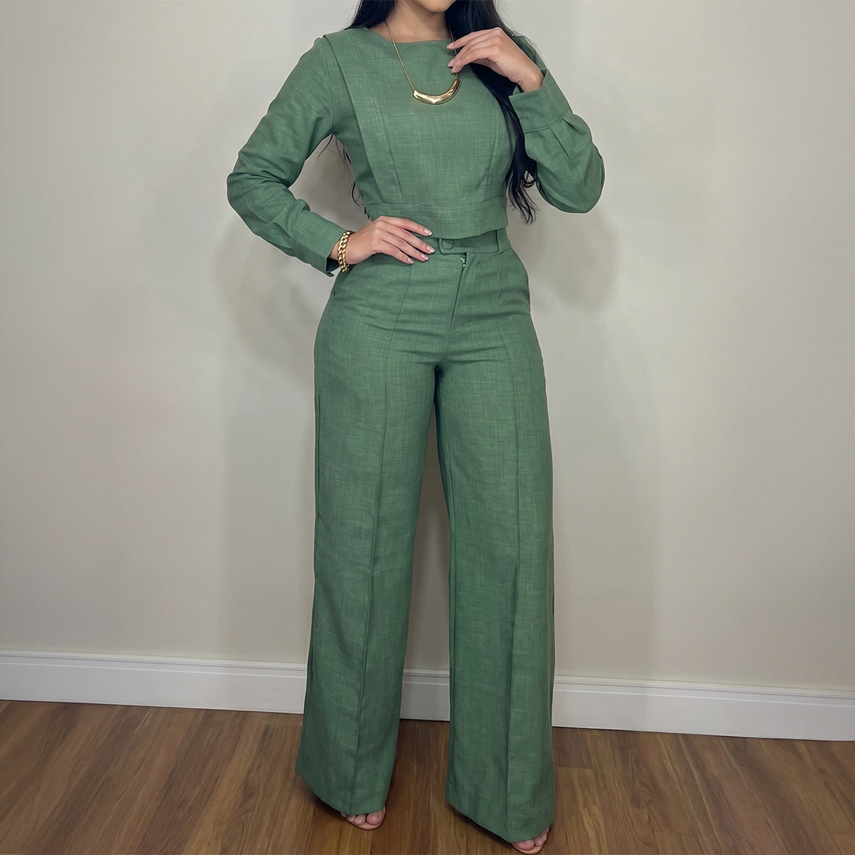 Women's Green 2 Piece Crop Top Wide Leg Pants Set