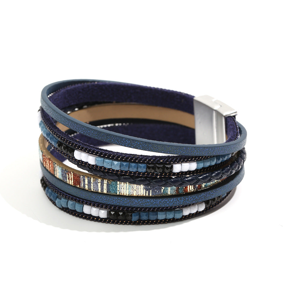 Boho Multi Layer Leather Wrap Bracelet with Magnetic Clasp