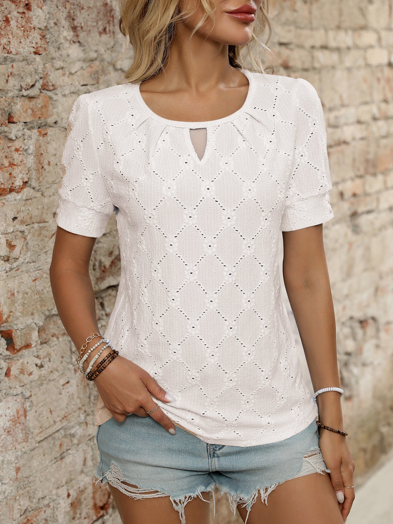 Women’s Eyelet Knit T Shirt Short Sleeve Summer Top