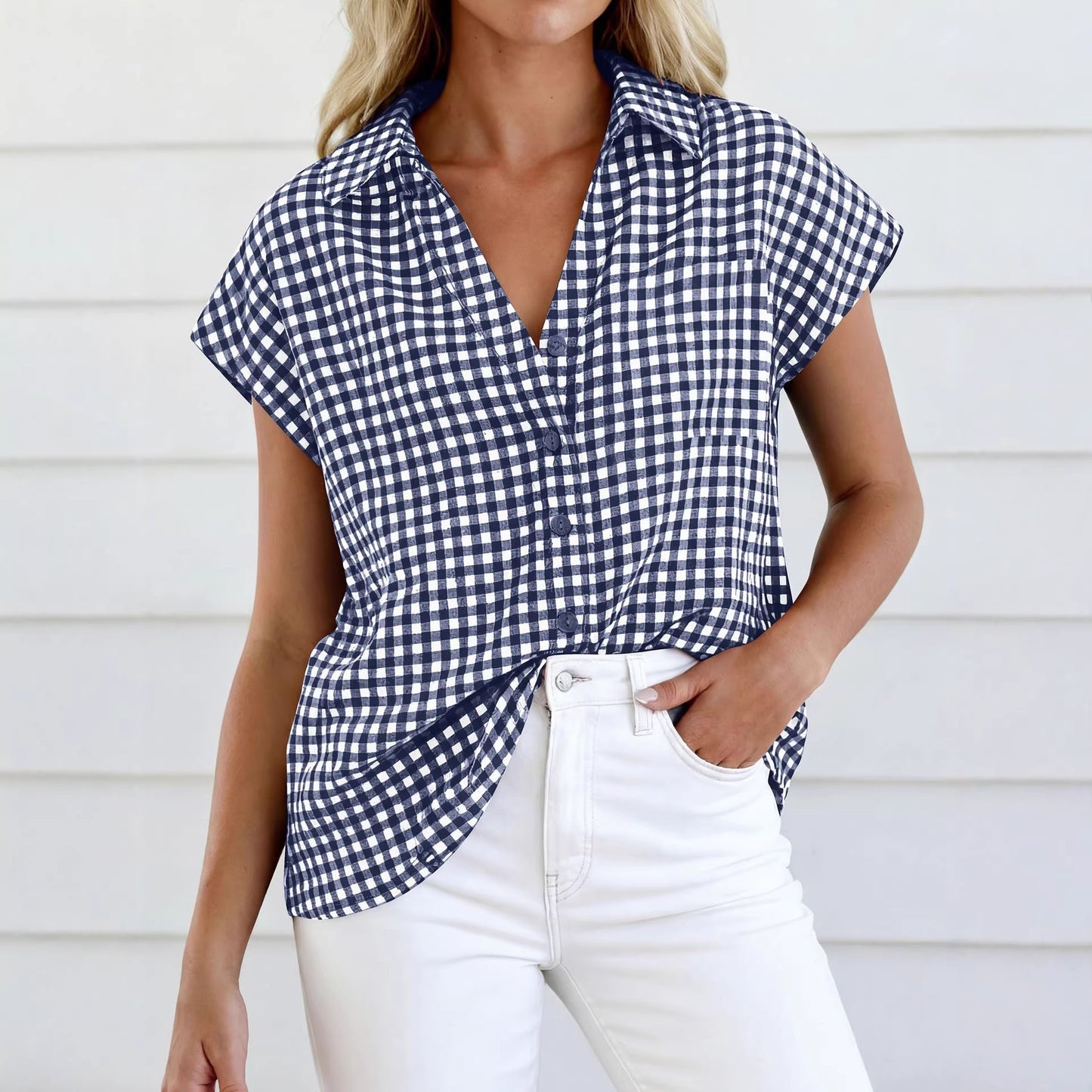 Women Gingham Button Down Summer Top Loose Fit Blouse