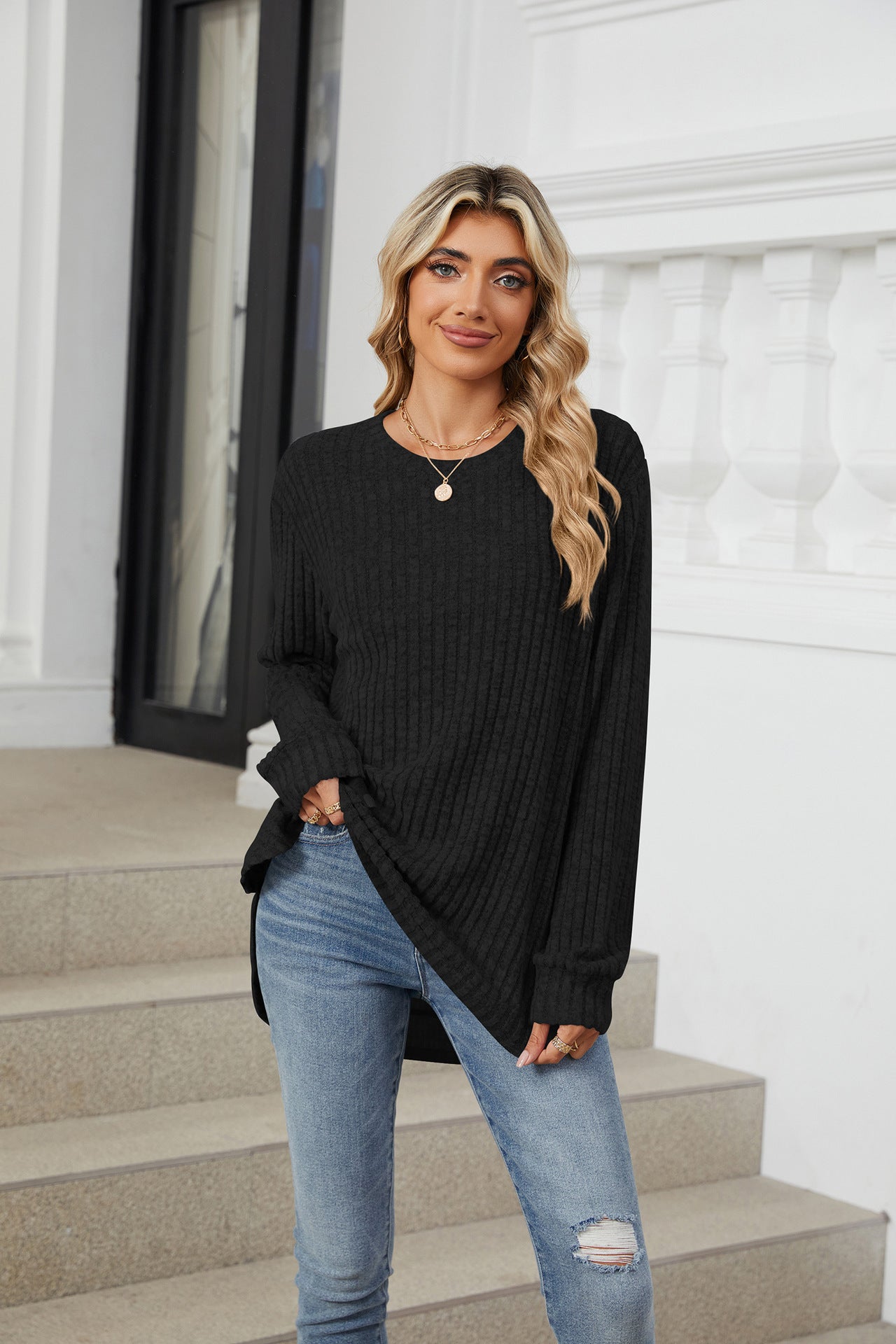 Solid Color Round Neck Long-sleeved Polished Loose T-shirt