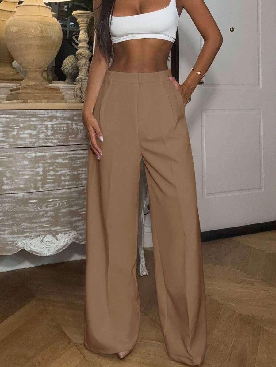 Solid High Waisted Wide Leg Dress Pants Business Work Trousers