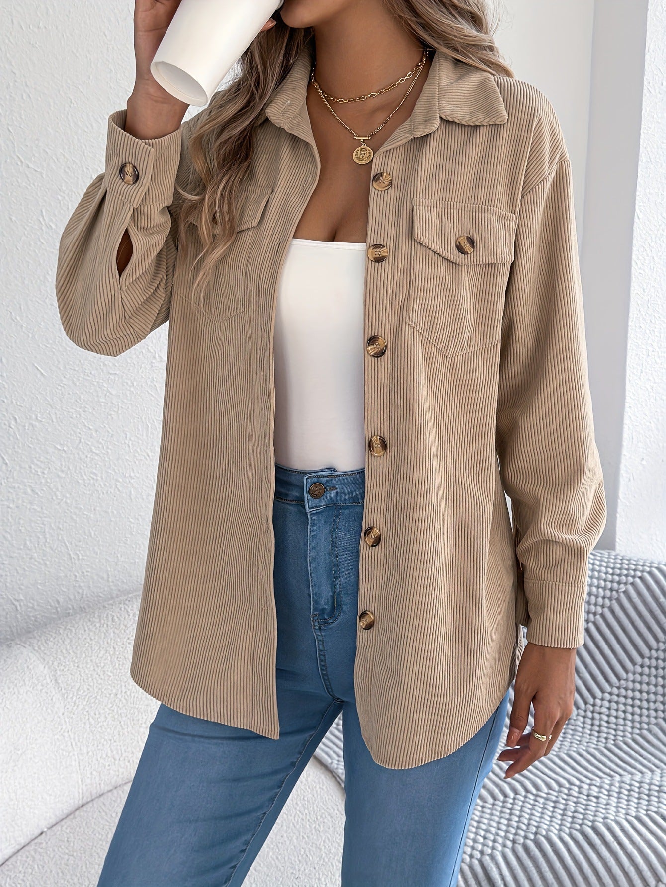 Corduroy Shacket Button Front Relaxed Fit