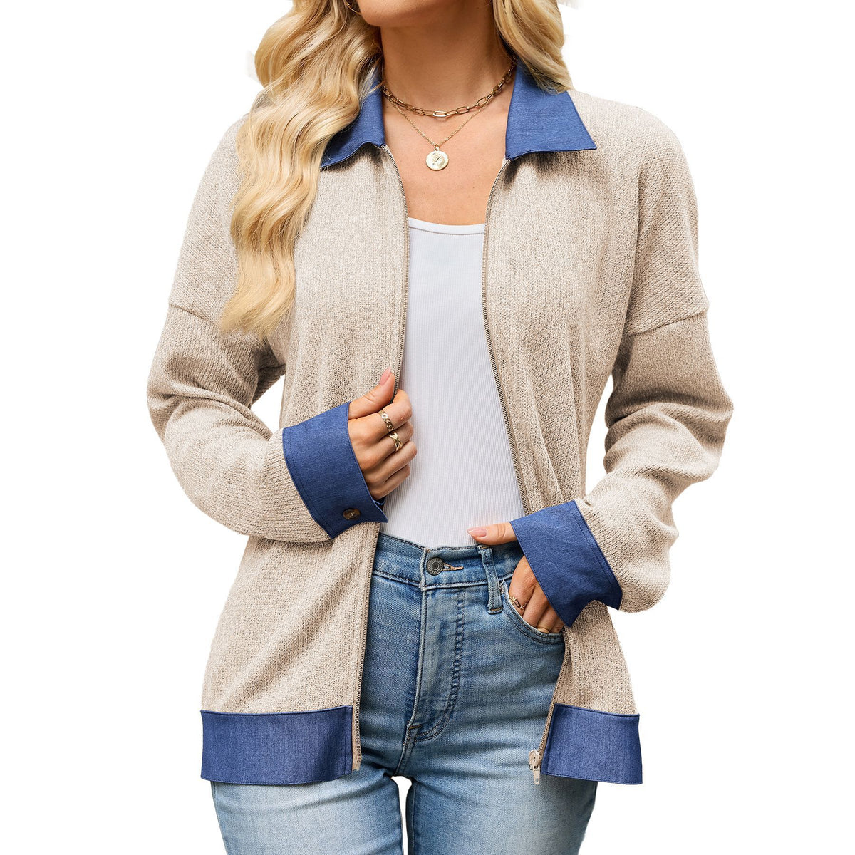 Womens Color Block Denim Trim Zip Up Collared Jacket