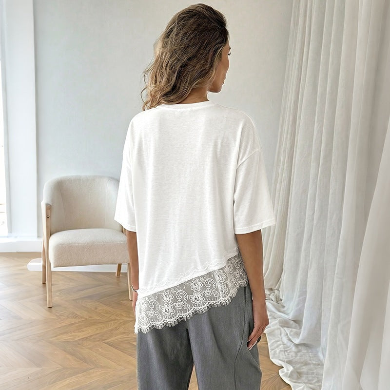 Women's White Lace Hem Loose Casual Short Sleeve Tee