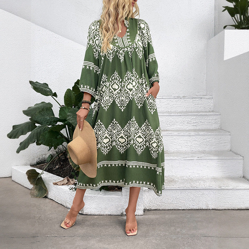 Ethnic Style Green Print Vacation A-Line Midi Dress