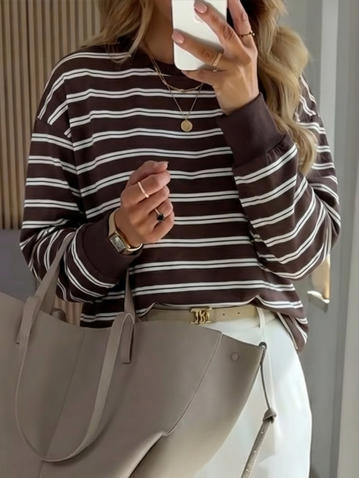 Women's Brown Striped Crewneck Long Sleeve Sweatshirt
