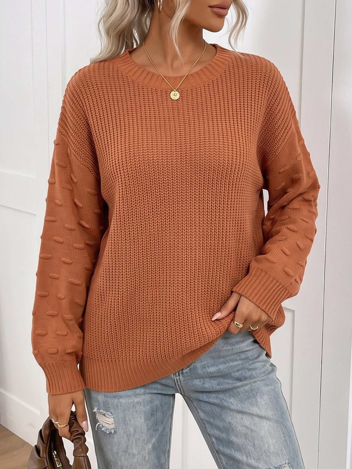 Women's Crewneck Bobble Sleeve Knit Sweater