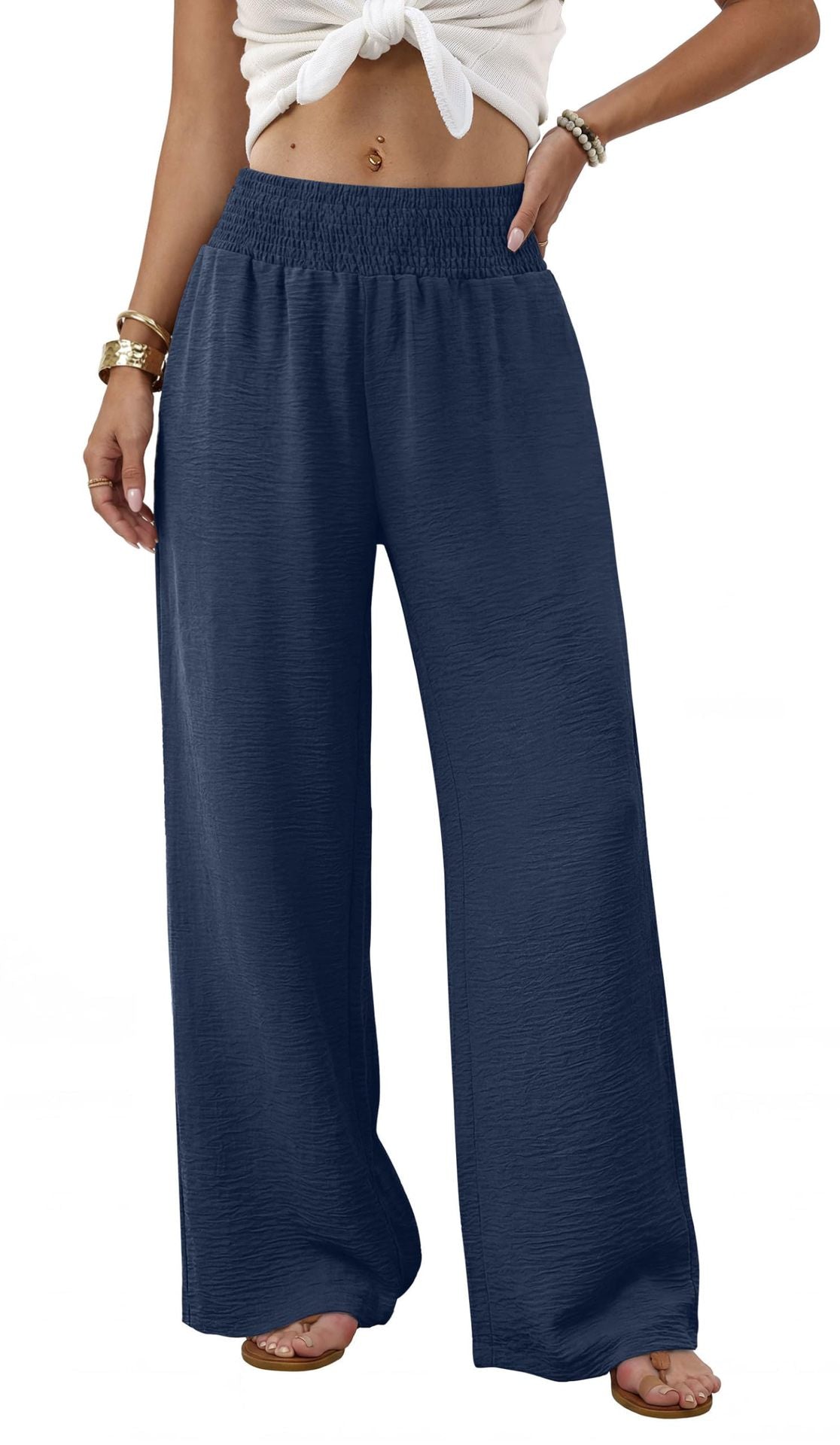 Women's High Waist Smocked Wide Leg Pants with Pockets