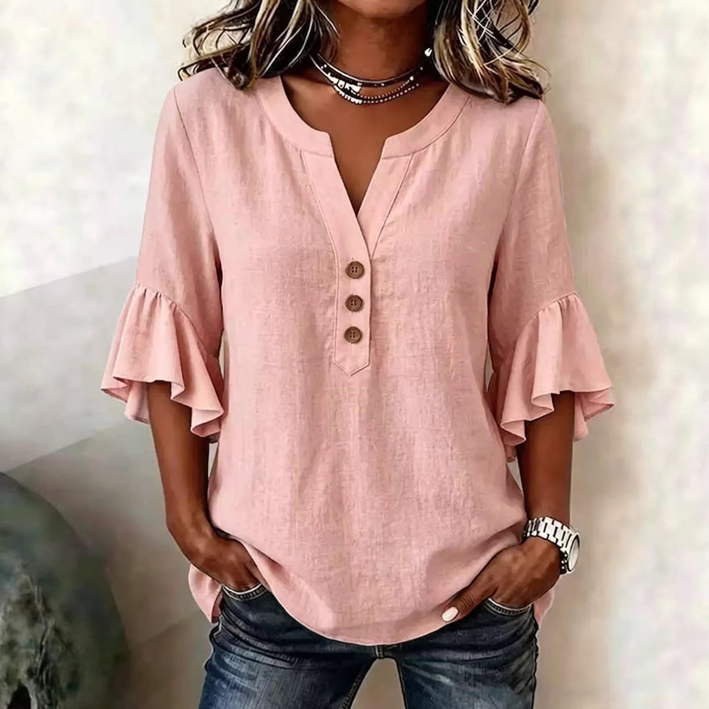 Cotton Linen Blouse Split Neck Three Quarter Bell Sleeves