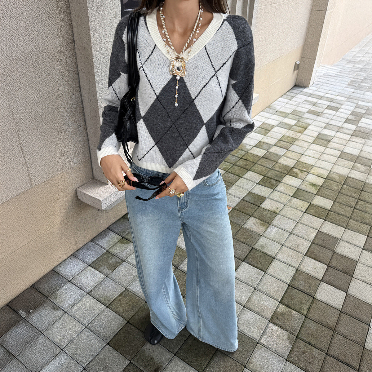 Women's Argyle V-Neck Cropped Sweater Preppy Fall Knit
