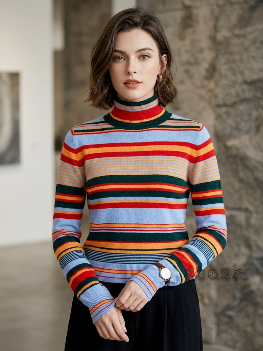 Women's Color Block Striped Turtleneck Knit Sweater