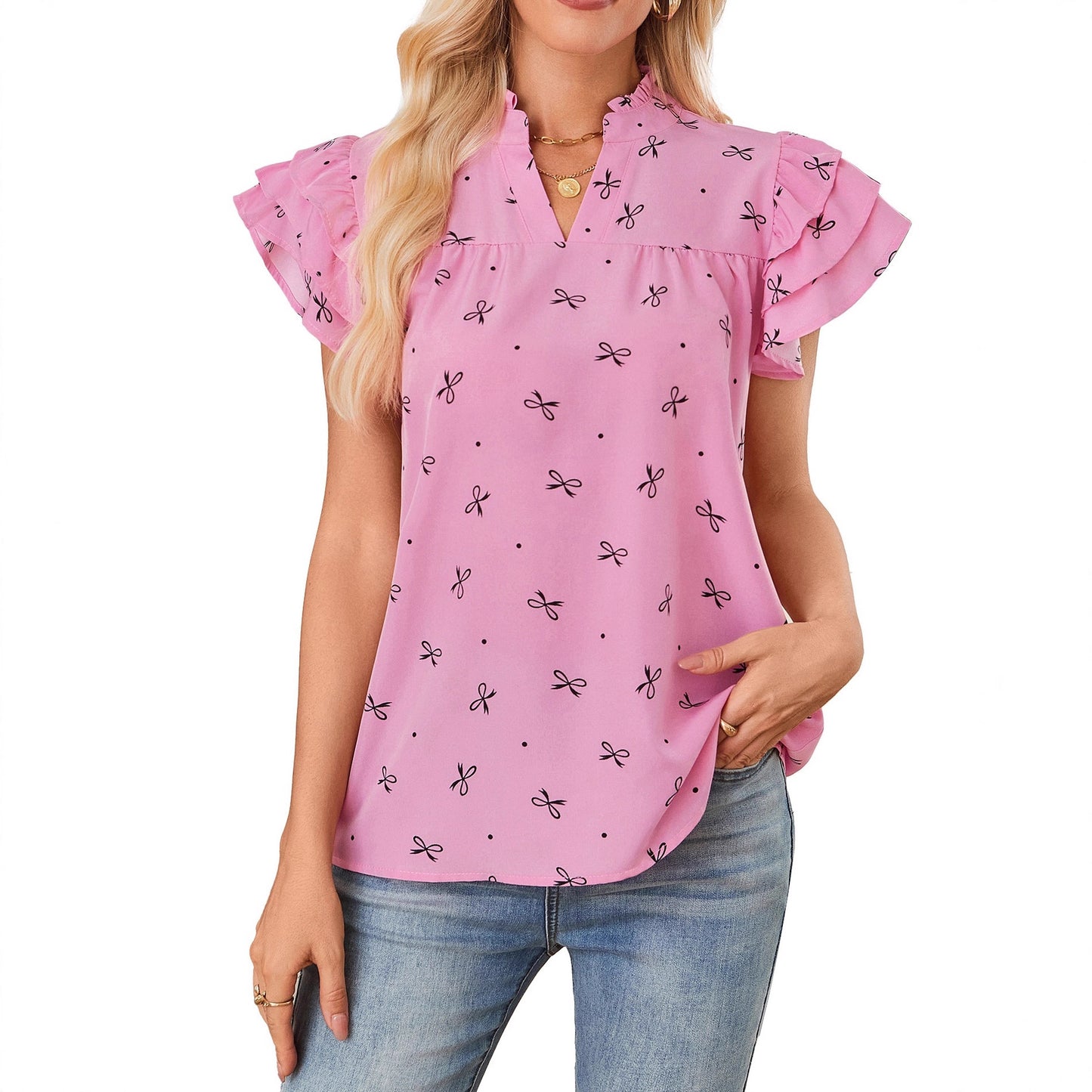 Bow Print V Neck Flutter Sleeve Chiffon Blouse Top
