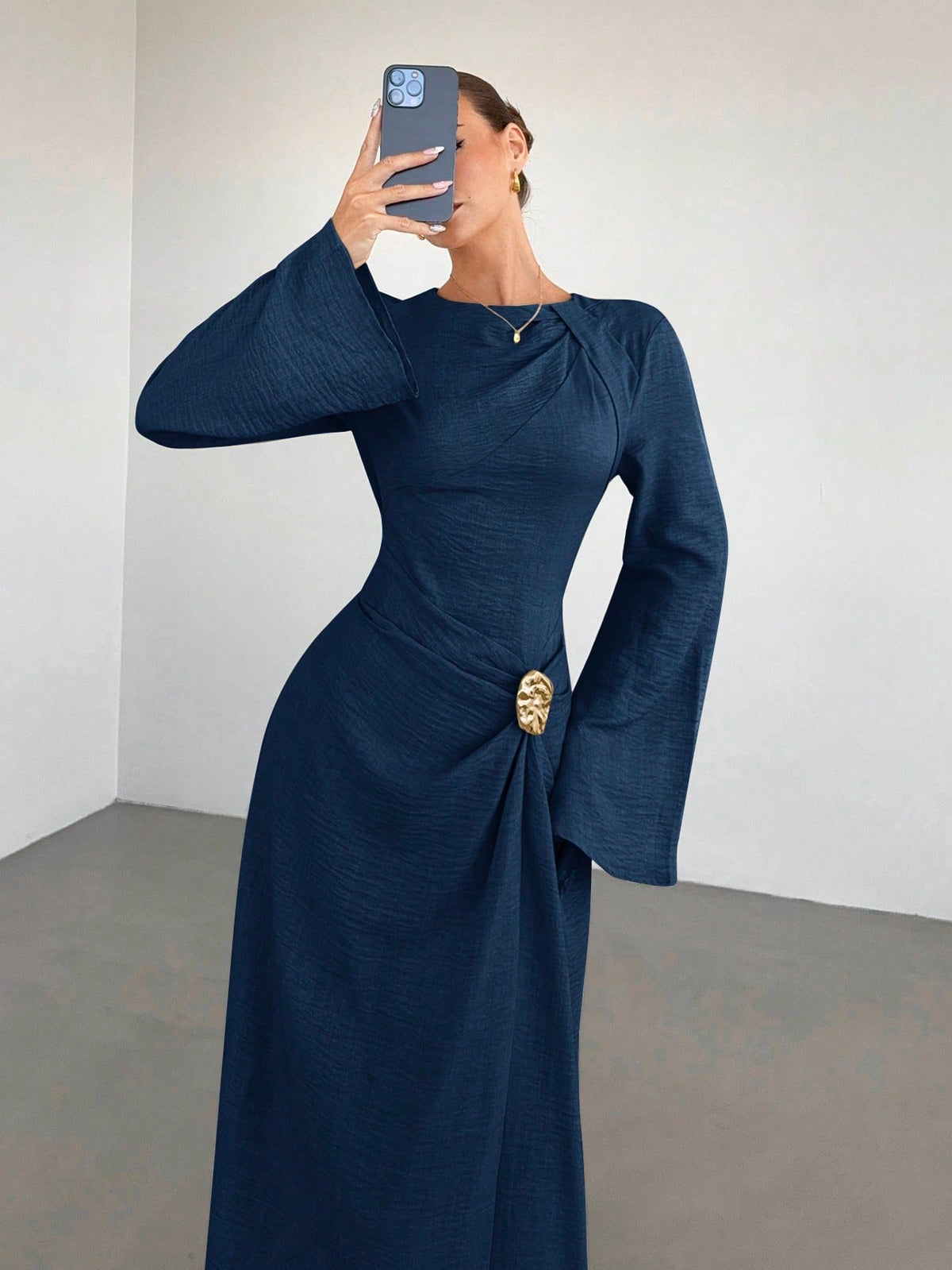 Women's Bell Sleeve Ruched Maxi Dress Gold Button