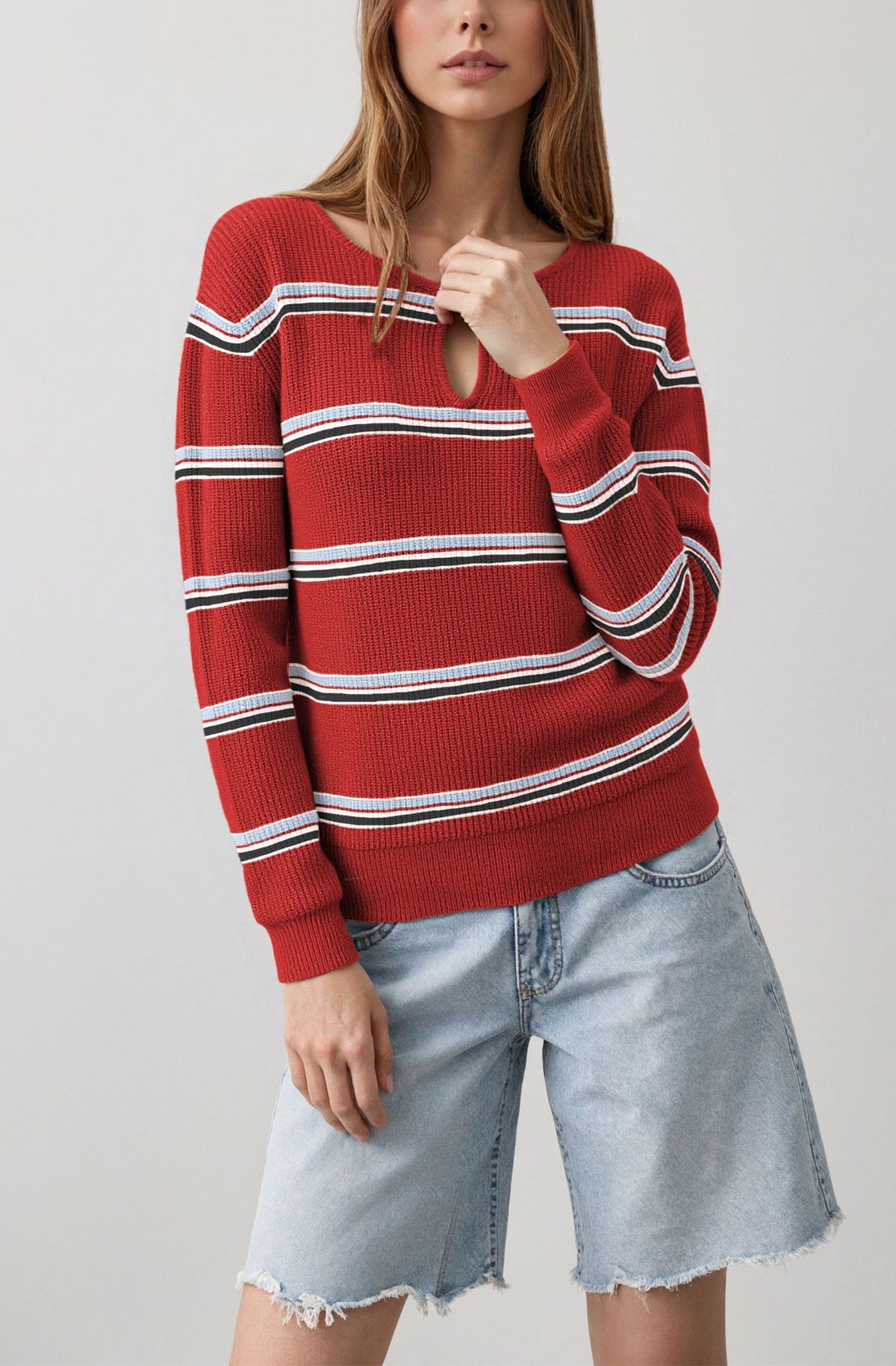 Women's Striped Keyhole Crew Neck Knit Sweater