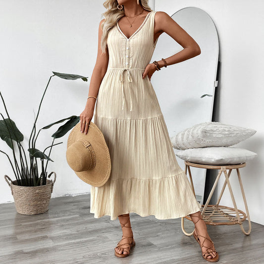 Textured Sleeveless Midi Dress Casual Flowy Vacation Look