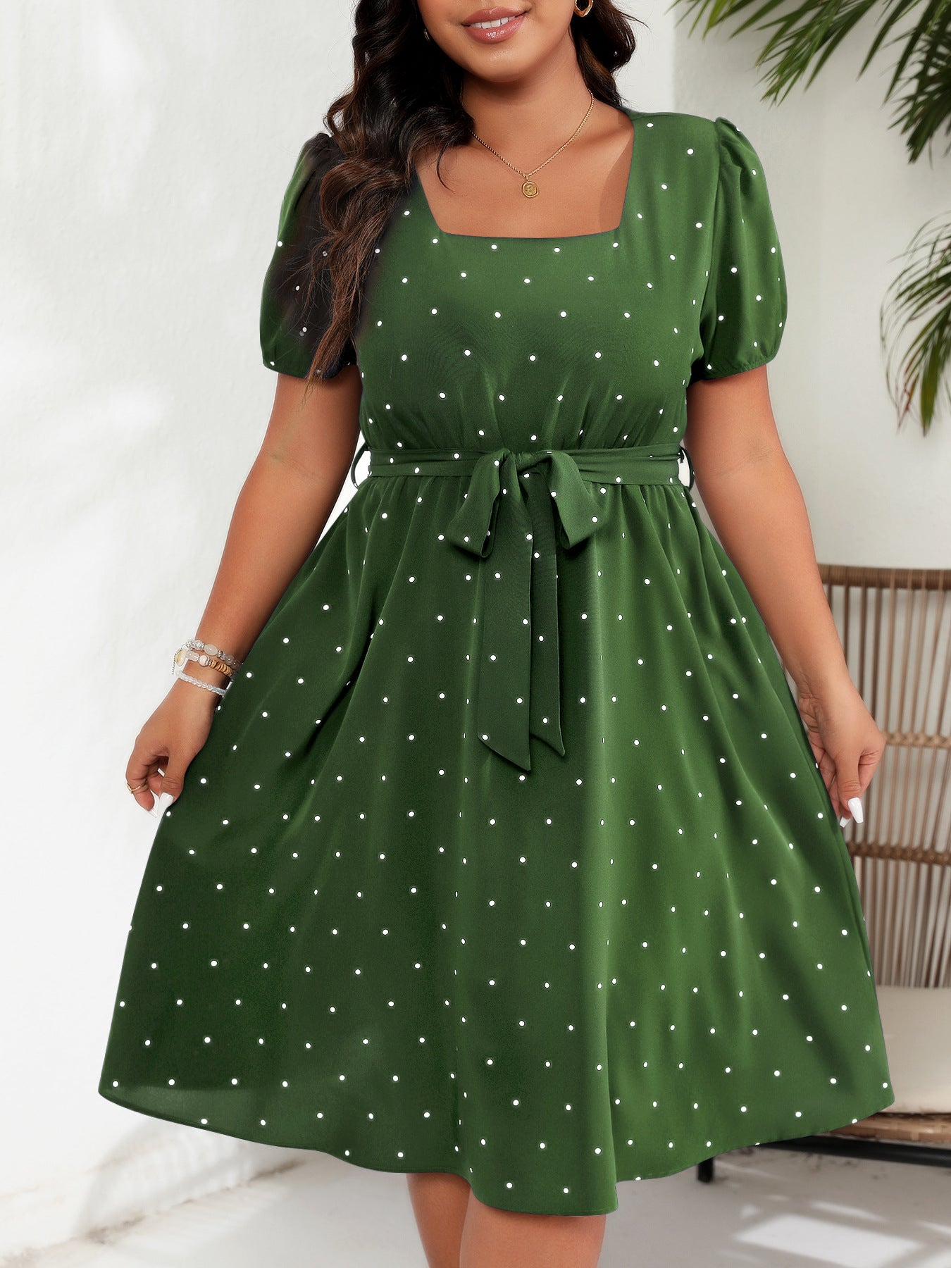 Plus Size Tie Waist Polka Dot Midi Dress