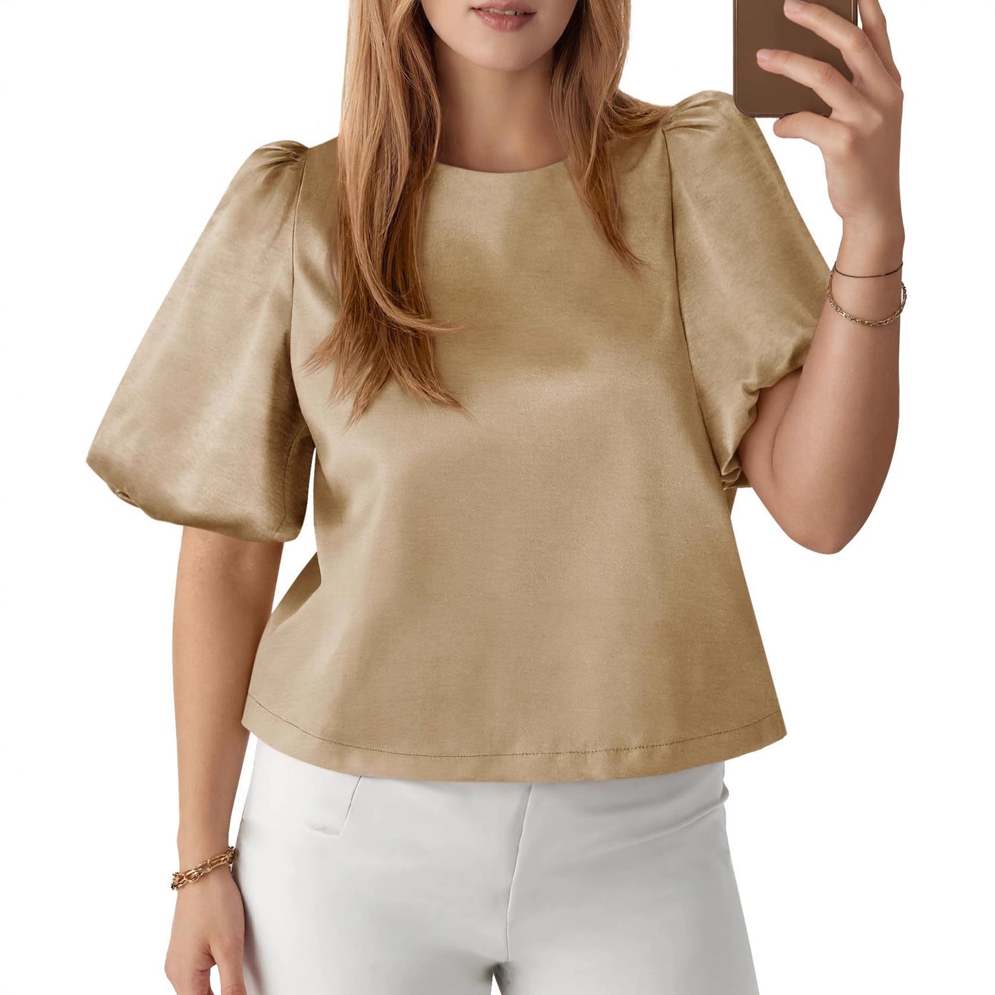 Satin Puff Sleeve Round Neck Elegant Blouse Top