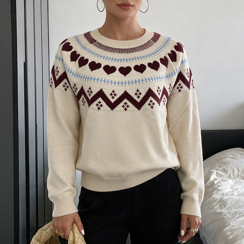 Women's Fair Isle Heart Crew Neck Knit Sweater