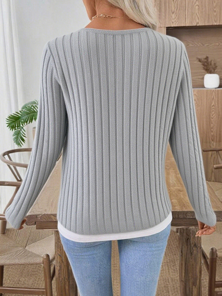 Solid Brushed Knit Top Casual Ribbed Henley Tee