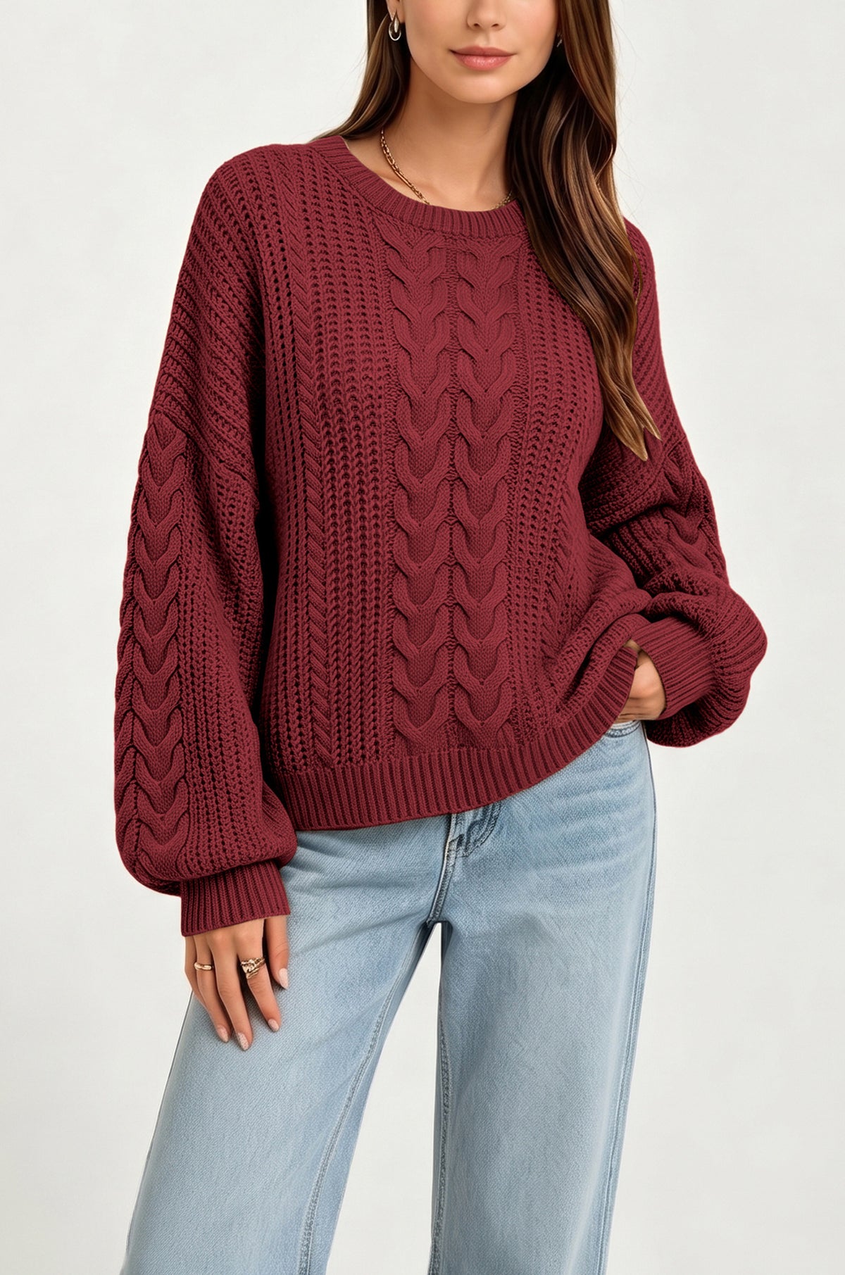 Women's Oversized Chunky Cable Knit Crew Neck Sweater