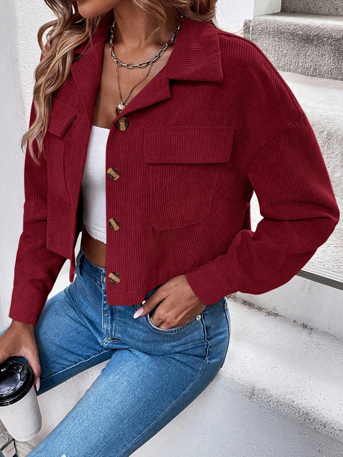 Women Corduroy Cropped Shacket Button Up Jacket