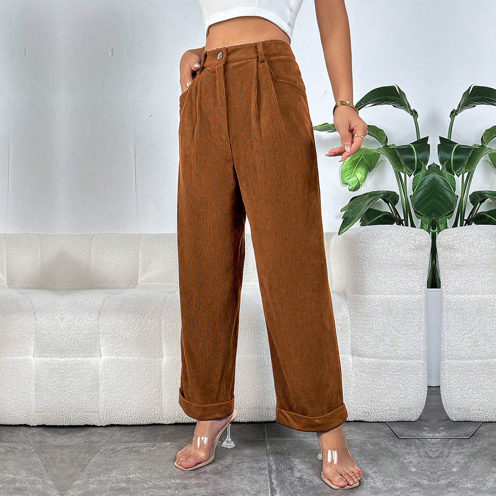 Corduroy High Waist Pleated Straight Leg Pants